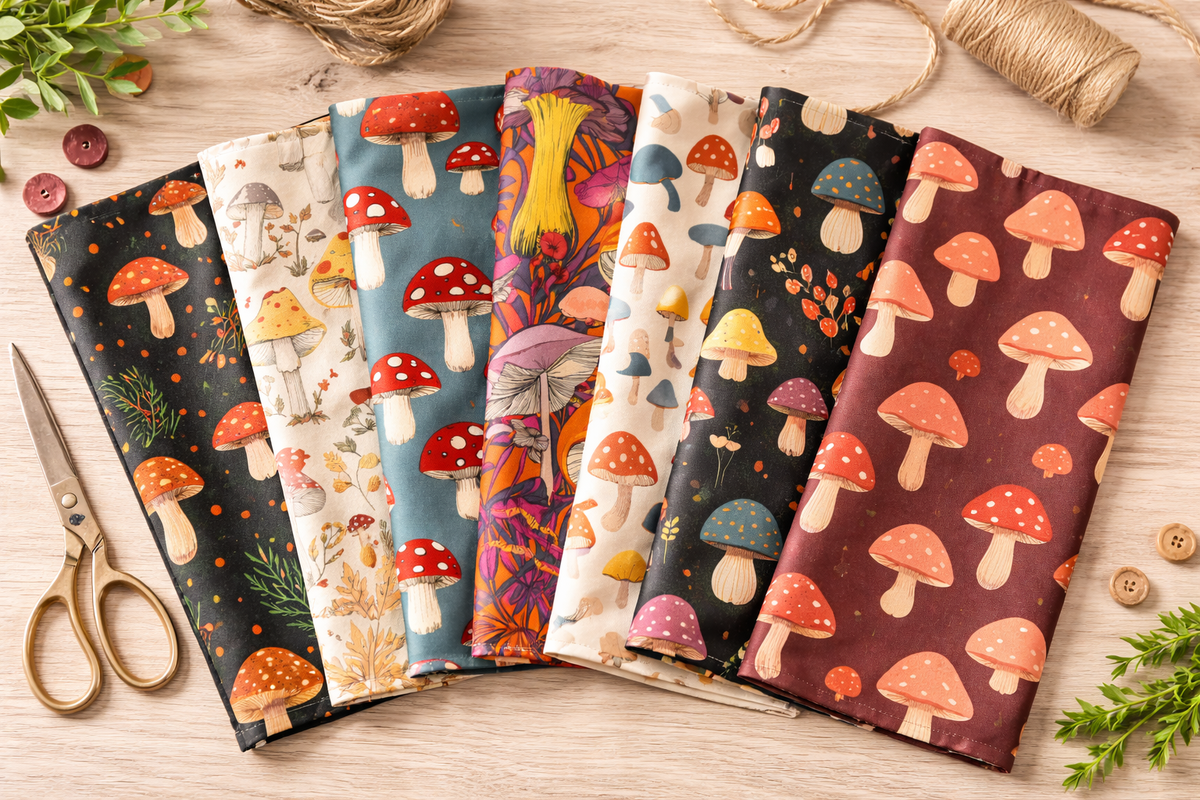 Assorted mushroom pattern waterproof PUL fabrics displayed in a fan arrangement on a craft table
