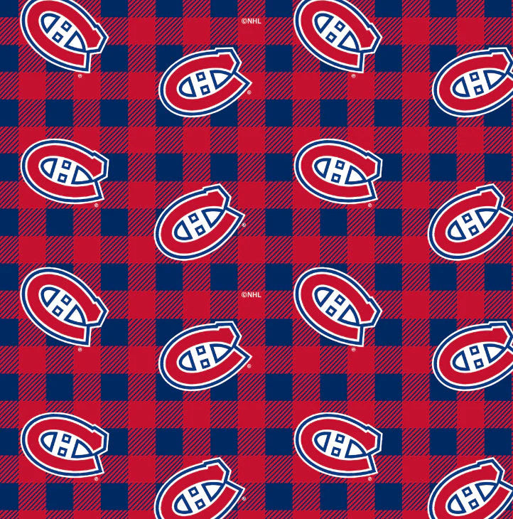 NHL Montreal Canadiens cotton flannel fabric with red and navy check and team logos