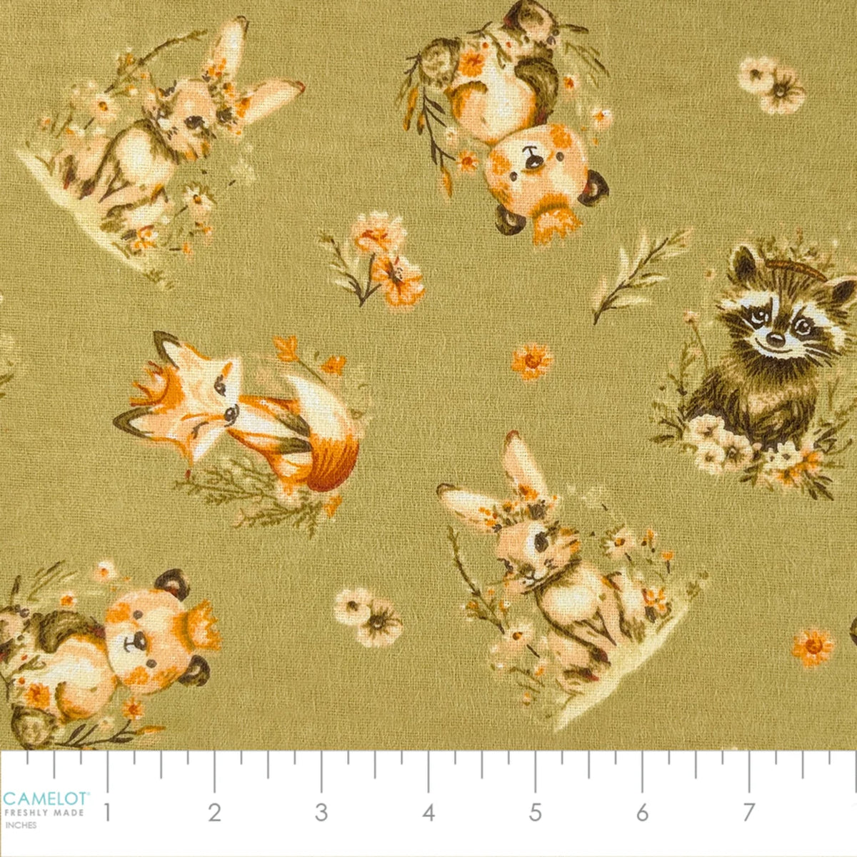 Woodland Friends sage cotton flannel fabric with foxes, rabbits, raccoons, pandas and floral accents.