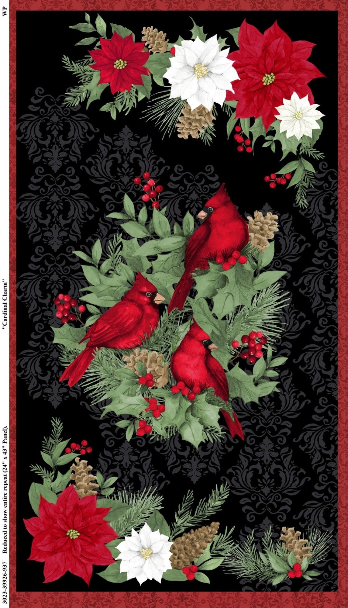 Cardinal Charm fabric panel with three red cardinals, poinsettias and greenery on a black damask background with a red border.