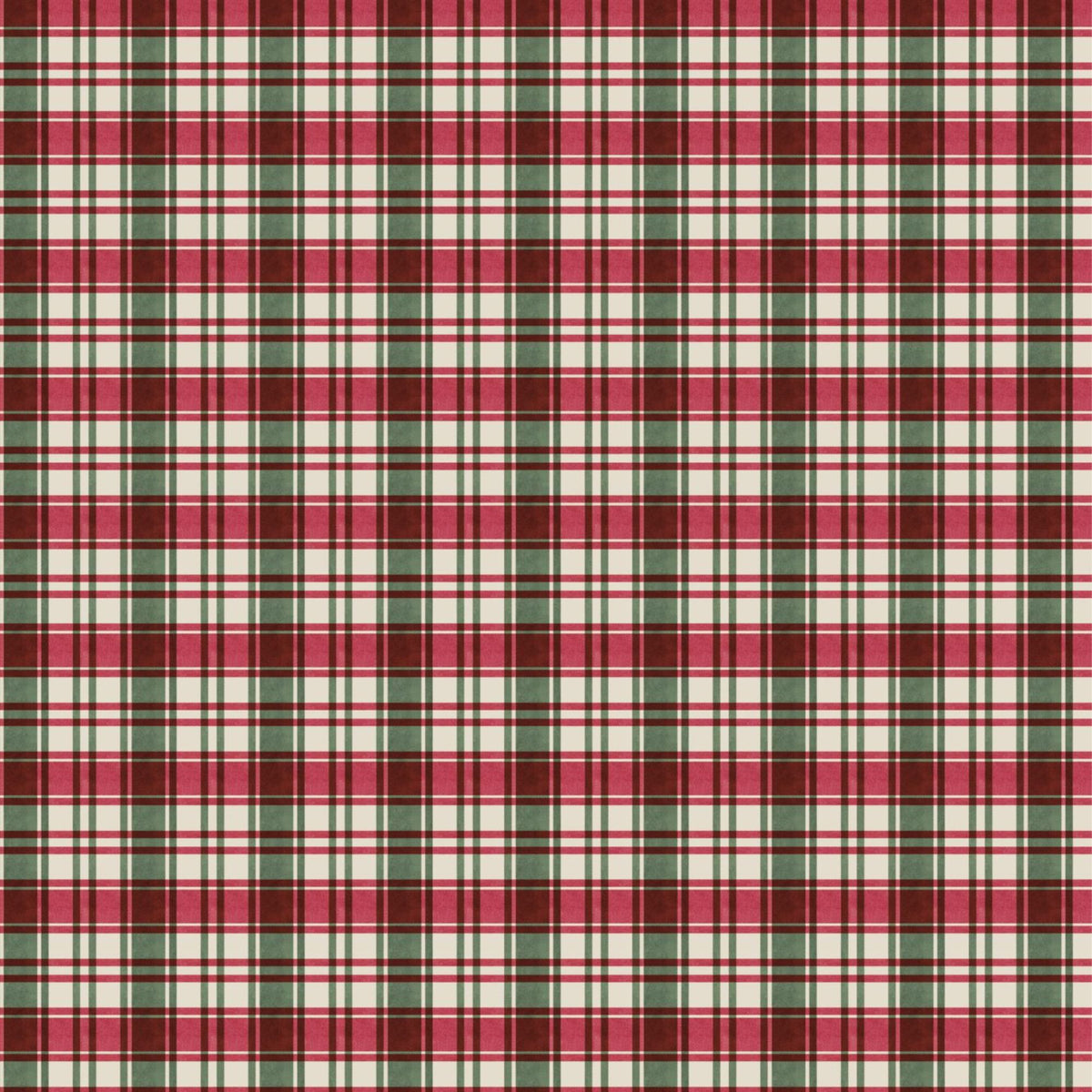 Cardinal Charm cotton fabric featuring a red, green and cream plaid with intersecting bands and fine crossing lines.