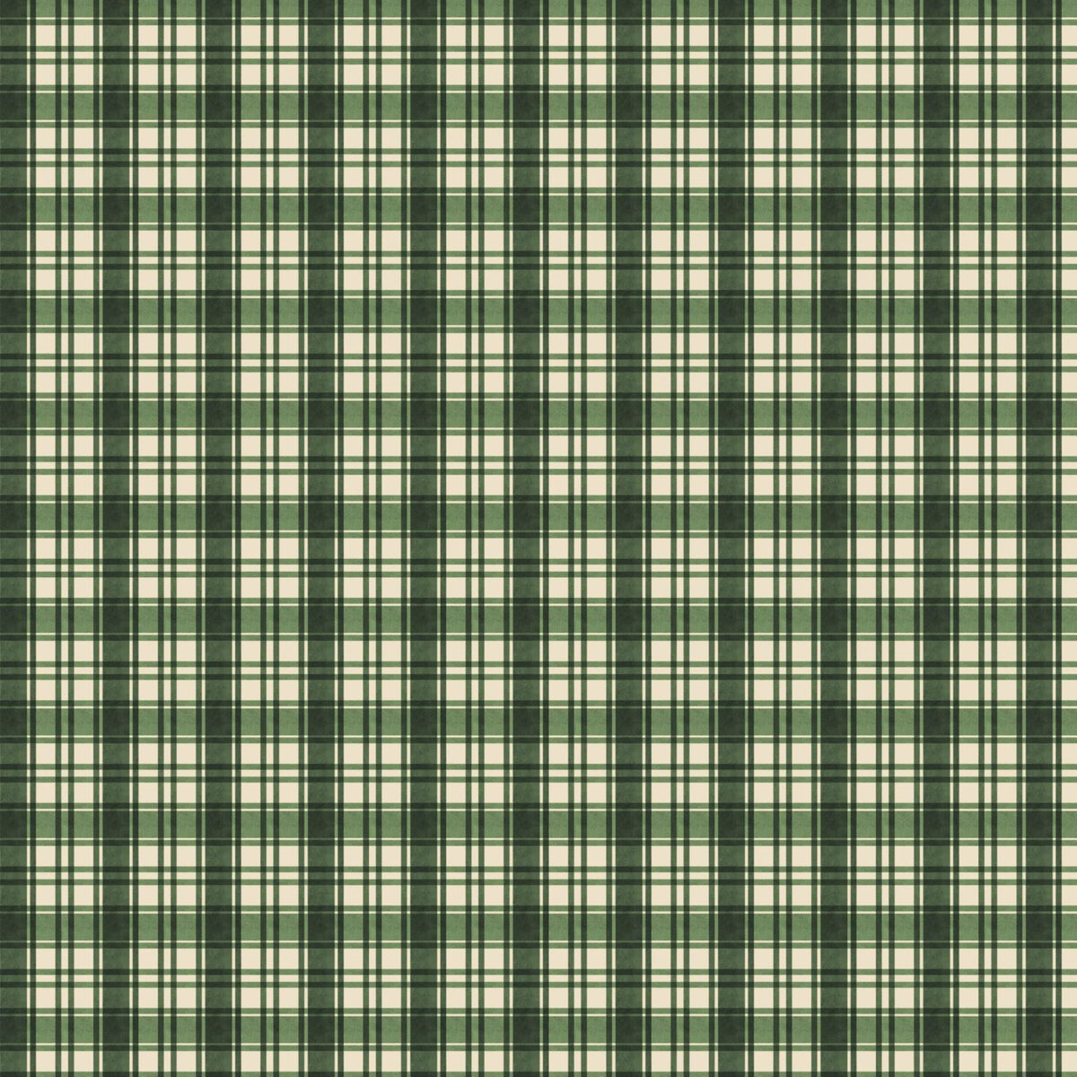 Cardinal Charm cotton fabric featuring a forest green and cream plaid with intersecting stripes and fine green lines.