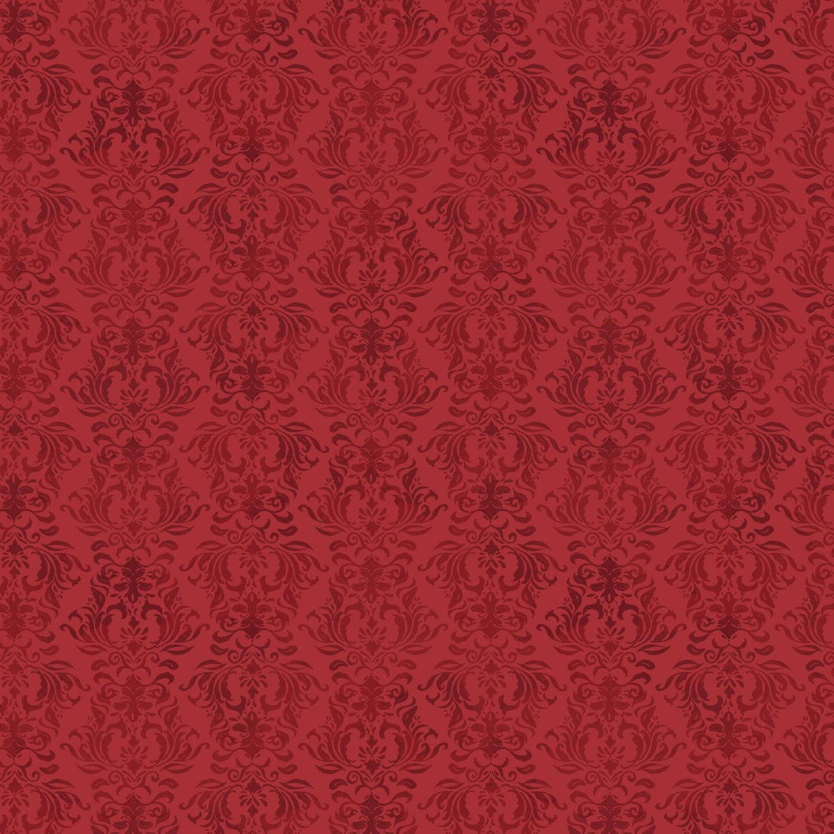 Cardinal Charm red cotton fabric with darker red floral damask motifs and scrolling leaves in a repeating tonal pattern.