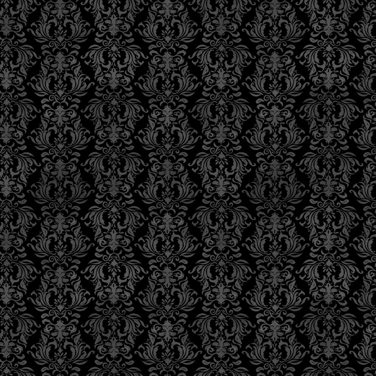 Cardinal Charm cotton fabric with charcoal grey floral damask motifs and scrolling leaves repeating on a black background.