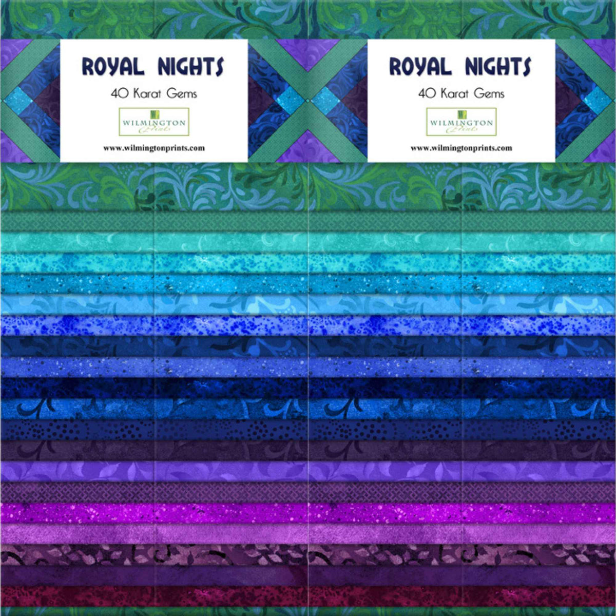 40 Karat Gems Royal Nights 2.5-inch cotton fabric strips in rich blue, teal, purple, and green tones.