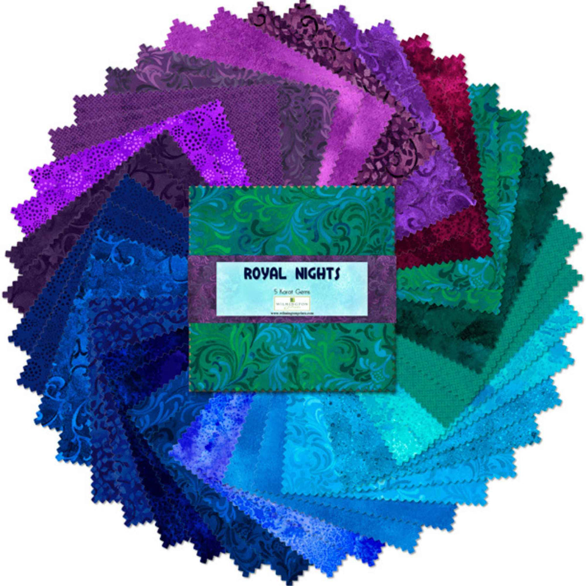 5 Karat Gems Royal Nights 5-inch cotton fabric squares in rich blue, teal, green, and purple jewel tones.