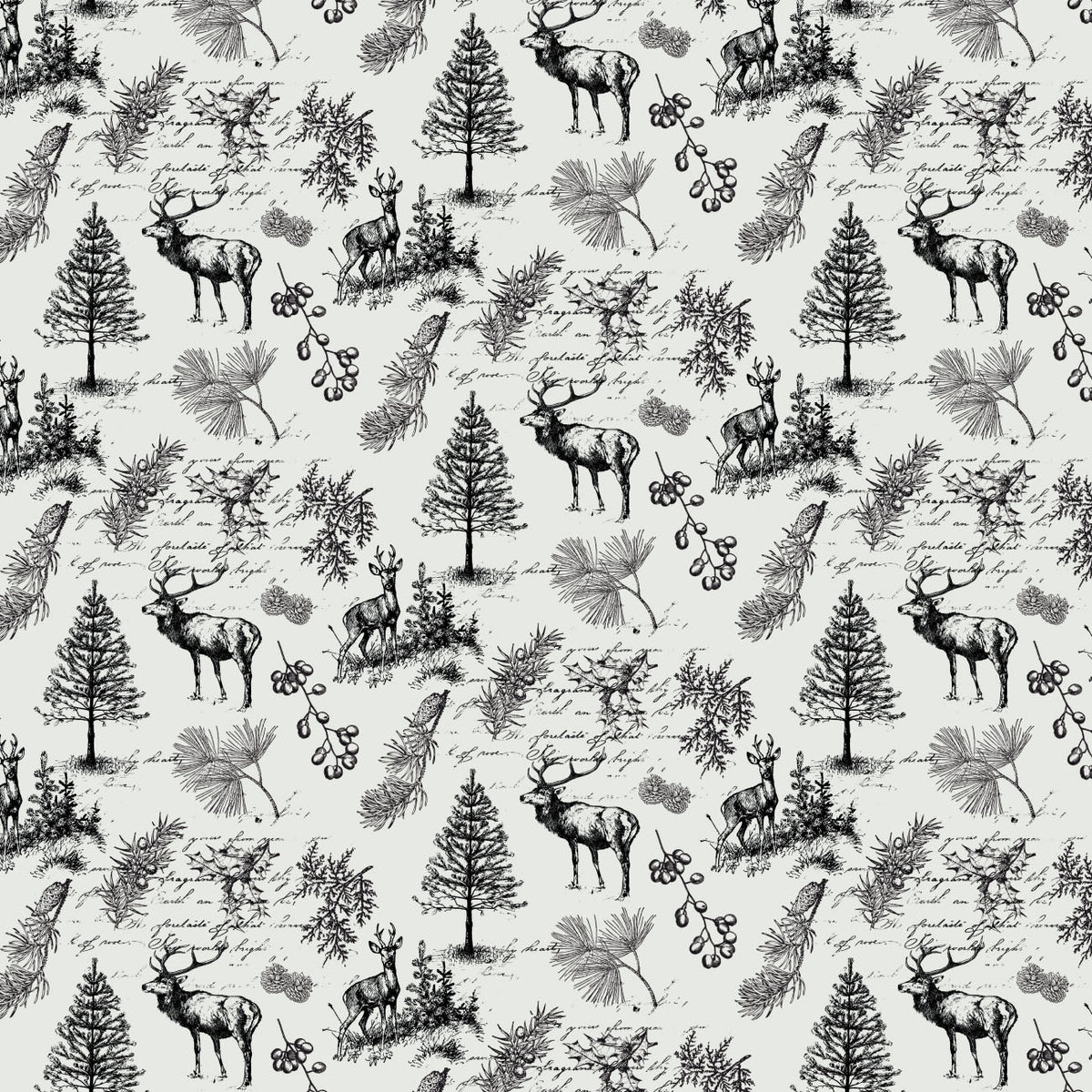 Joy to the World quilting cotton: Woodland Deer Toile (Black on Cream) featuring sketched woodland scenes with deer and elk, evergreen trees, pine sprigs, and handwritten script in black on a soft cream background.