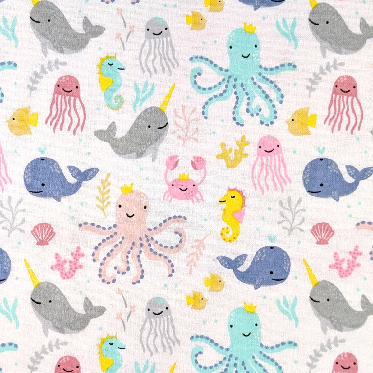 Pattern of cartoonish sea creatures on a white background