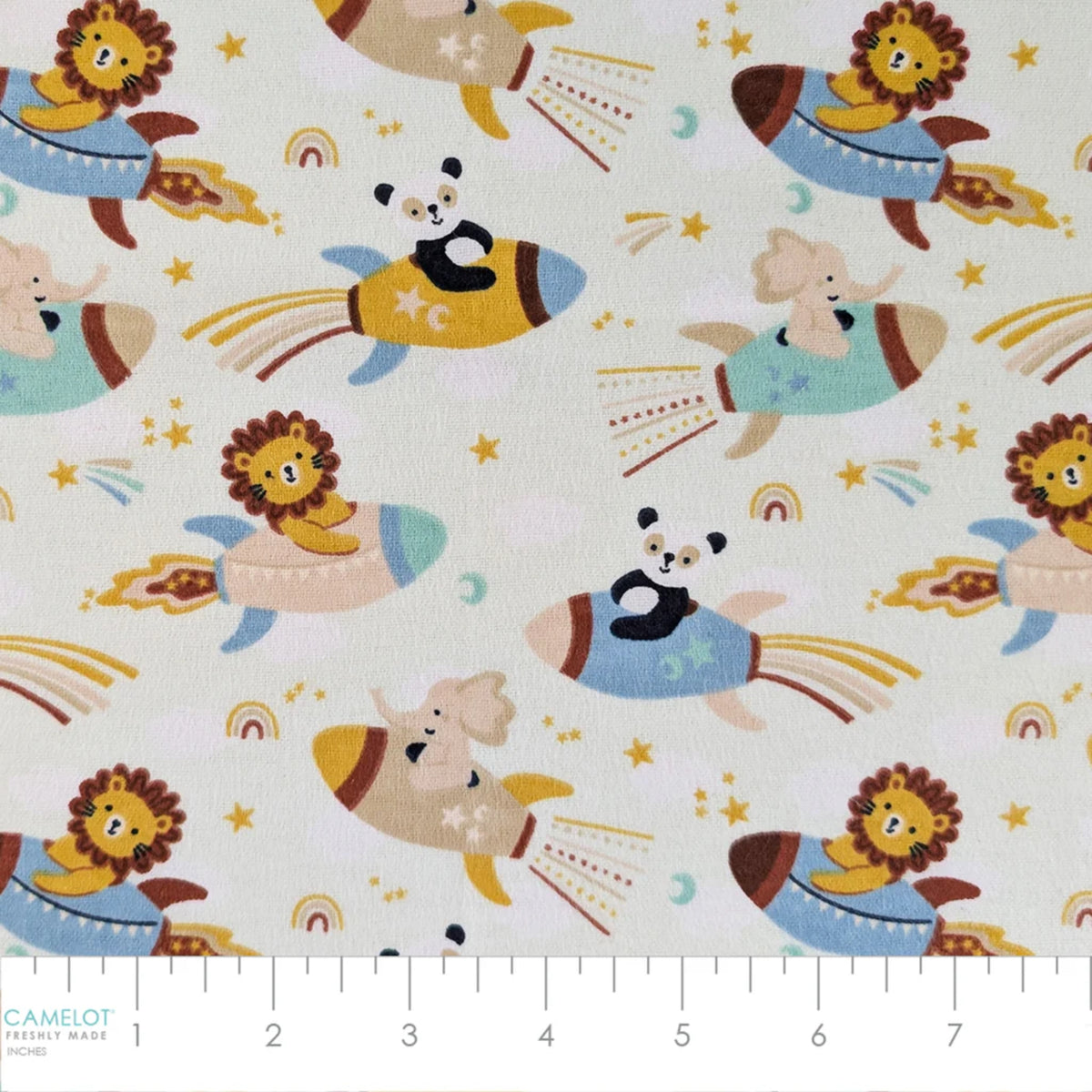 Universe Baby light aqua cotton flannel fabric with lions, pandas and elephants riding rockets among stars and moons.