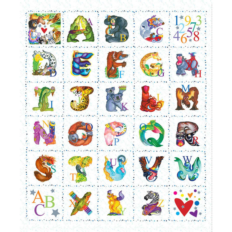 “Colorful alphabet fabric panel featuring illustrated A–Z letters with animals, numbers, and playful artwork on a white dotted background.”