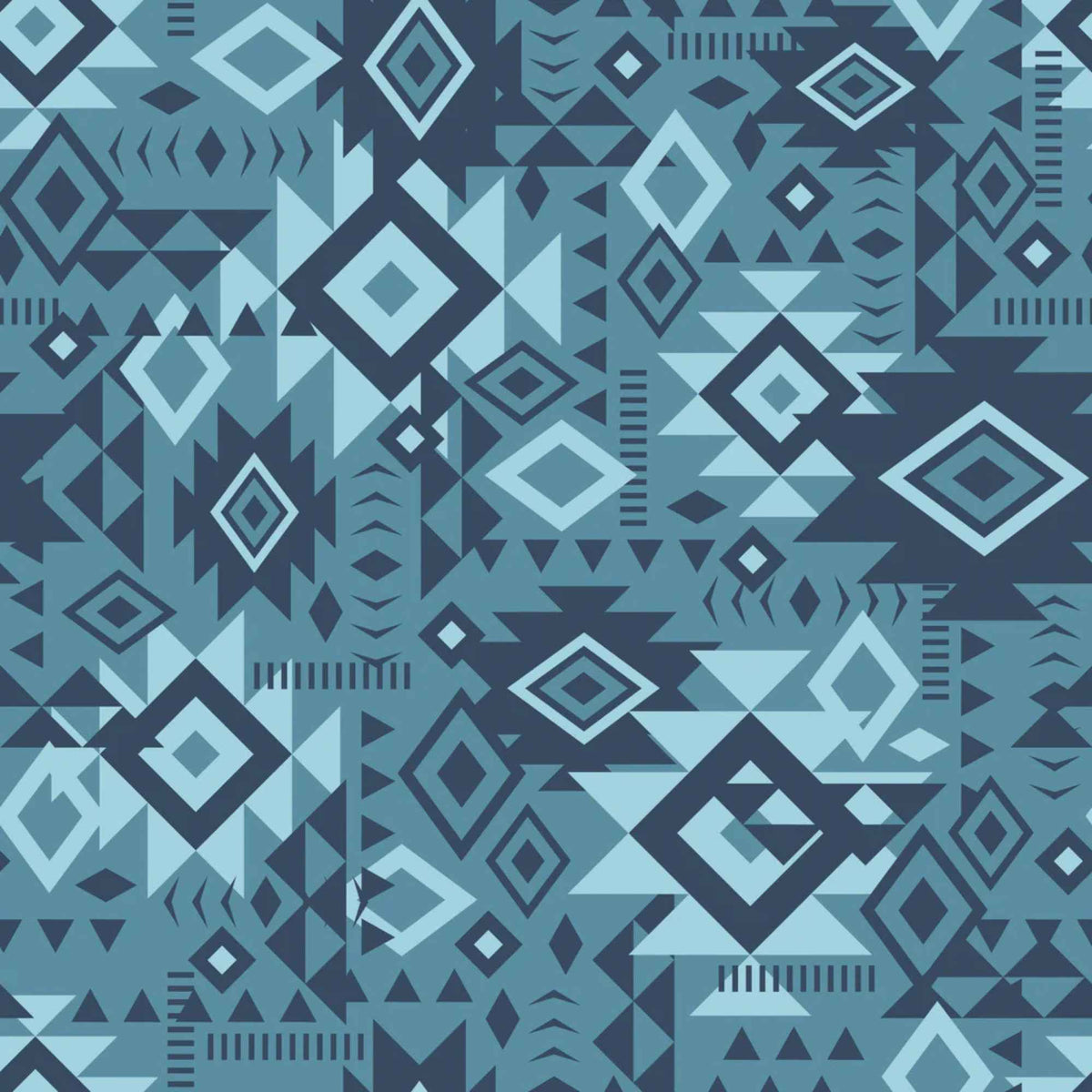 “Denim blue Southwestern geometric cotton fabric with layered Aztec diamond motifs.”