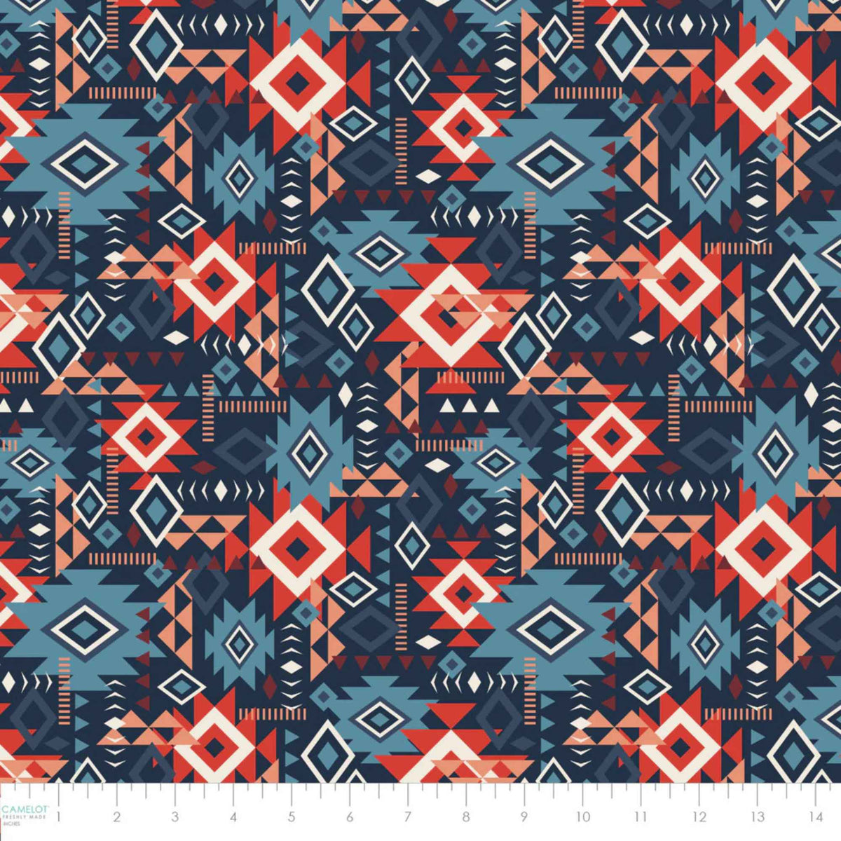 “Navy Southwestern cotton fabric featuring layered Aztec geometric motifs in terracotta, blue, and ivory.”