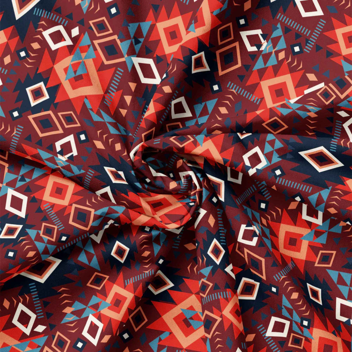 “Rust red Southwestern geometric cotton fabric with layered Aztec diamond motifs.”