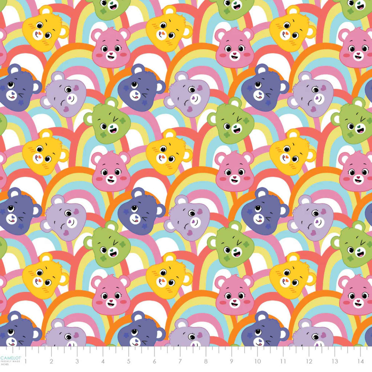 “Licensed Care Bears rainbow cotton fabric with multicolored Care Bears faces over repeating rainbow arches.”