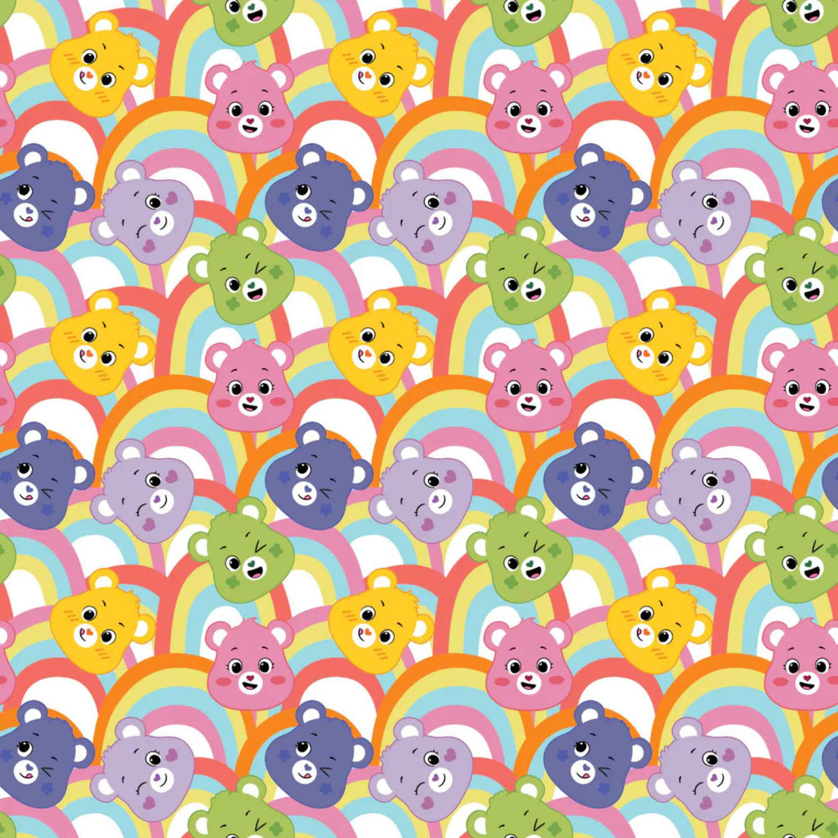 “Licensed Care Bears rainbow cotton fabric with multicolored Care Bears faces over repeating rainbow arches.”
