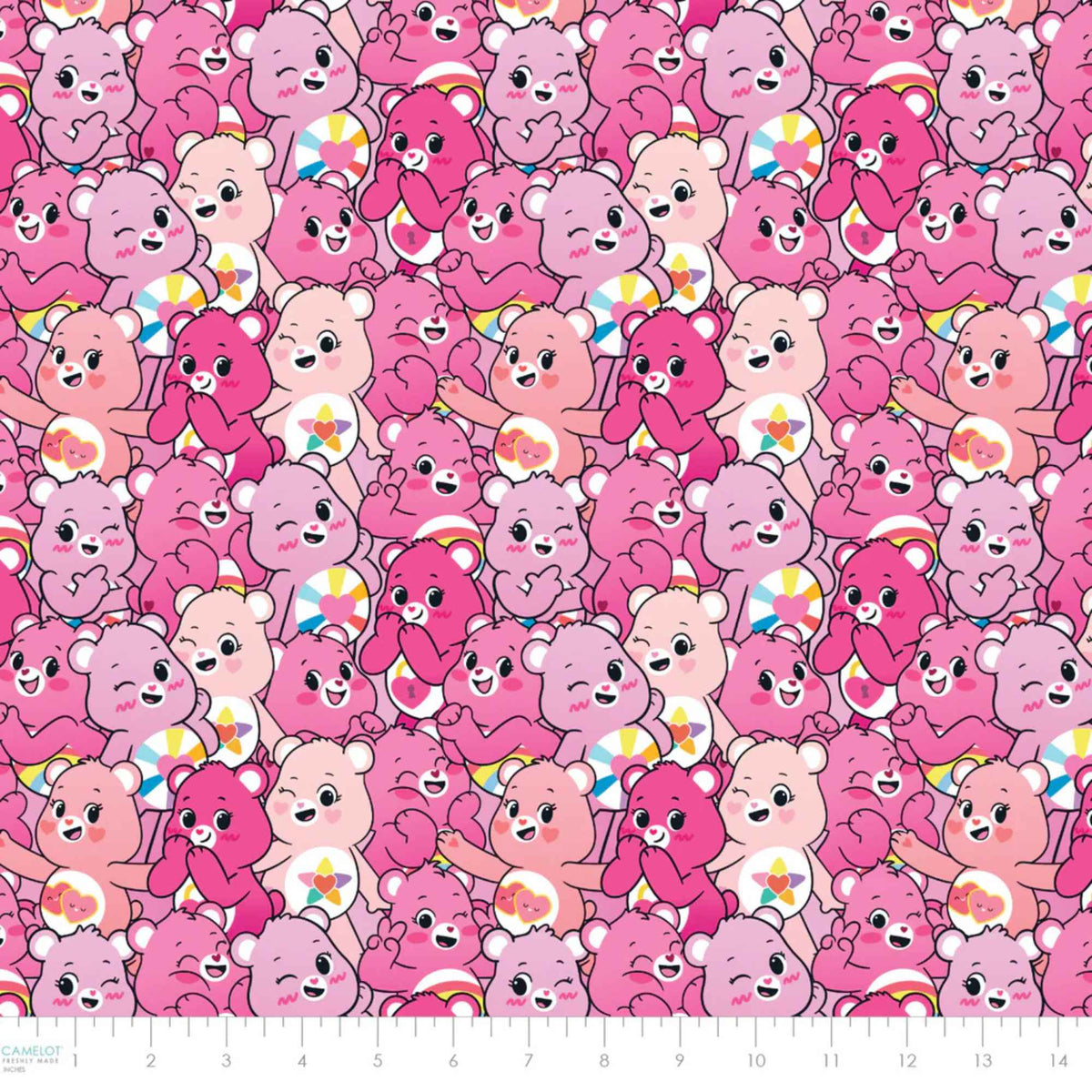 “Licensed pink Care Bears cotton fabric featuring a repeating pattern of cheerful pink and blush Care Bears in cute, playful poses.”