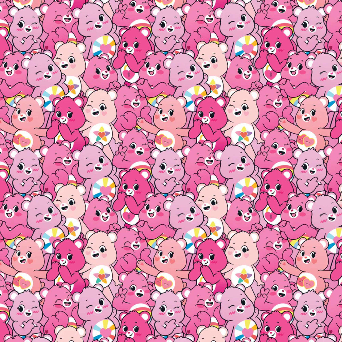 “Licensed pink Care Bears cotton fabric featuring a repeating pattern of cheerful pink and blush Care Bears in cute, playful poses.”