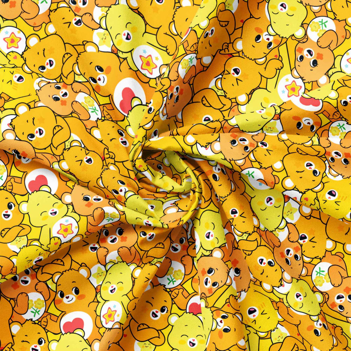 “Licensed yellow Care Bears cotton fabric with repeating pattern of cheerful yellow and orange Care Bears in playful poses.”