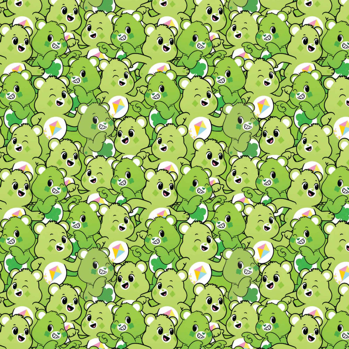 “Licensed green Care Bears cotton fabric with repeating pattern of cheerful green Care Bears in playful poses on a seamless background.”