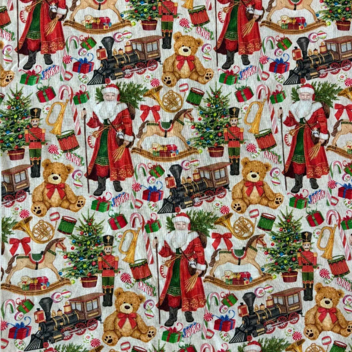 AWHD Christmas Nostalgia fabric featuring vintage Santa Claus, teddy bears, toy trains, nutcrackers and Christmas trees holiday print.