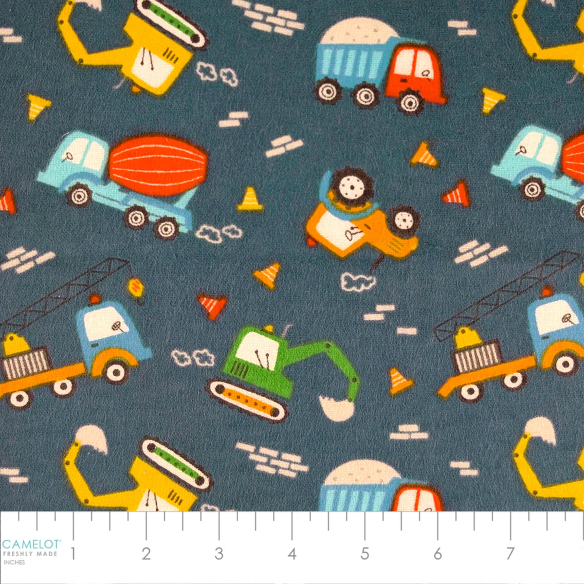 Navy cotton flannel fabric with colorful construction vehicles including excavators, cranes, dump trucks and cement mixers.