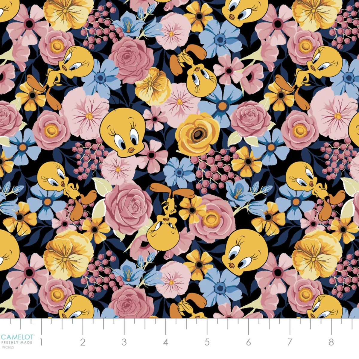Tweety Bouquet Black quilting cotton by Camelot Fabrics featuring Tweety among pink, yellow and blue flowers on a black background