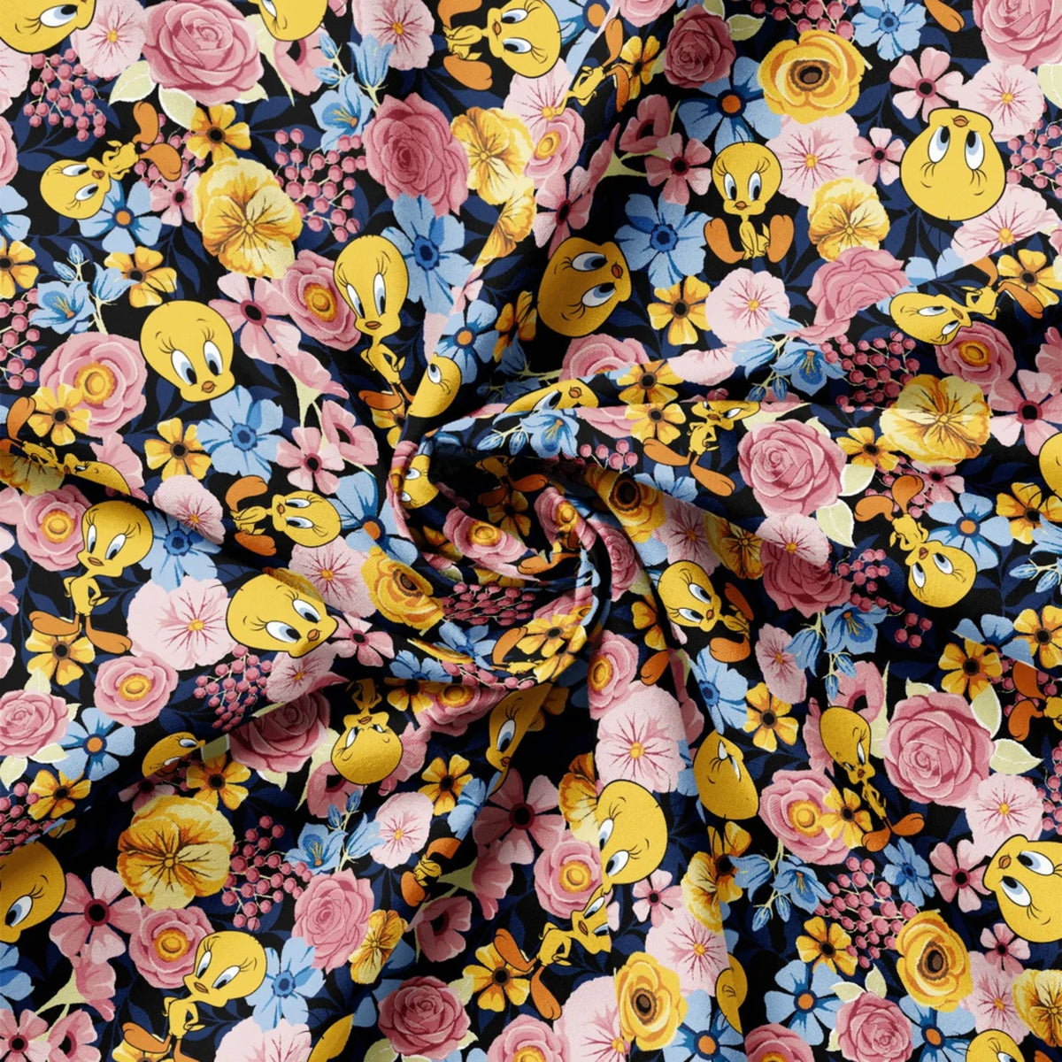 Tweety Bouquet Black quilting cotton by Camelot Fabrics featuring Tweety among pink, yellow and blue flowers on a black background