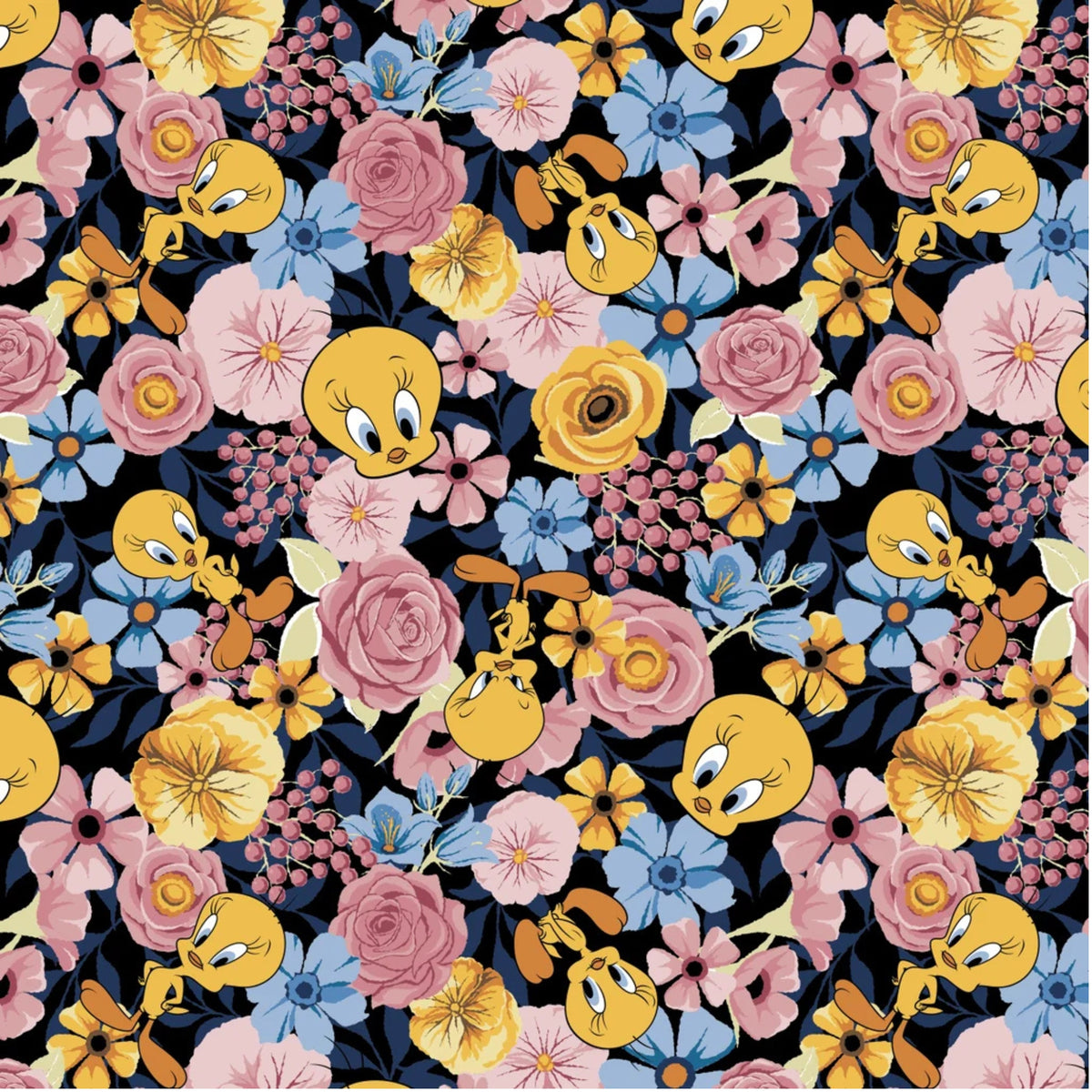 Tweety Bouquet Black quilting cotton by Camelot Fabrics featuring Tweety among pink, yellow and blue flowers on a black background
