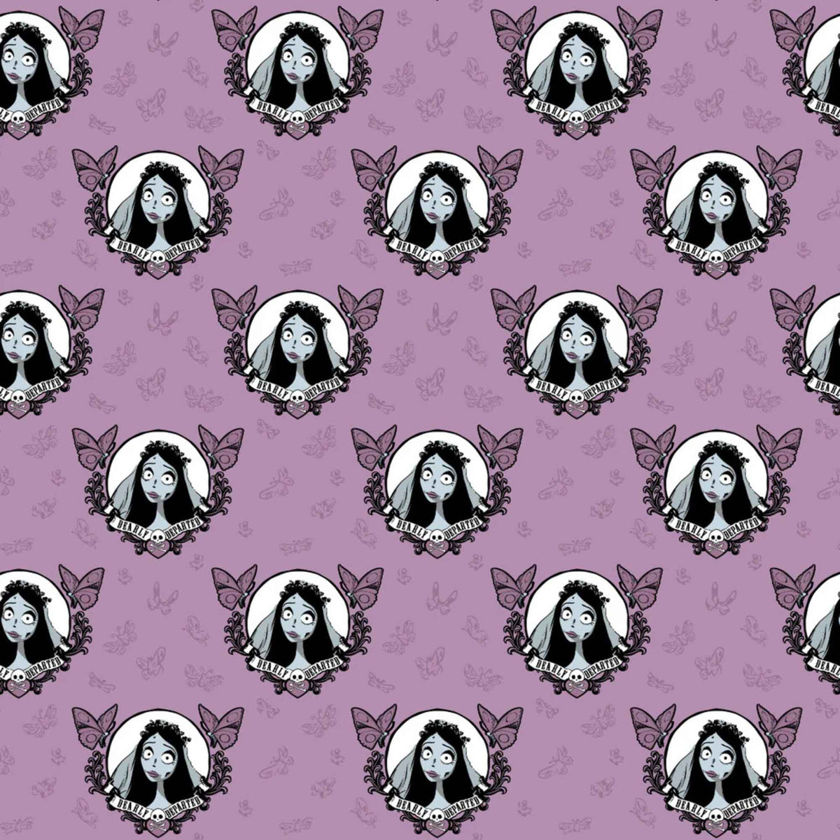 Corpse Bride mauve cotton fabric featuring Emily portraits framed with butterflies and gothic floral motifs in a repeating pattern.
