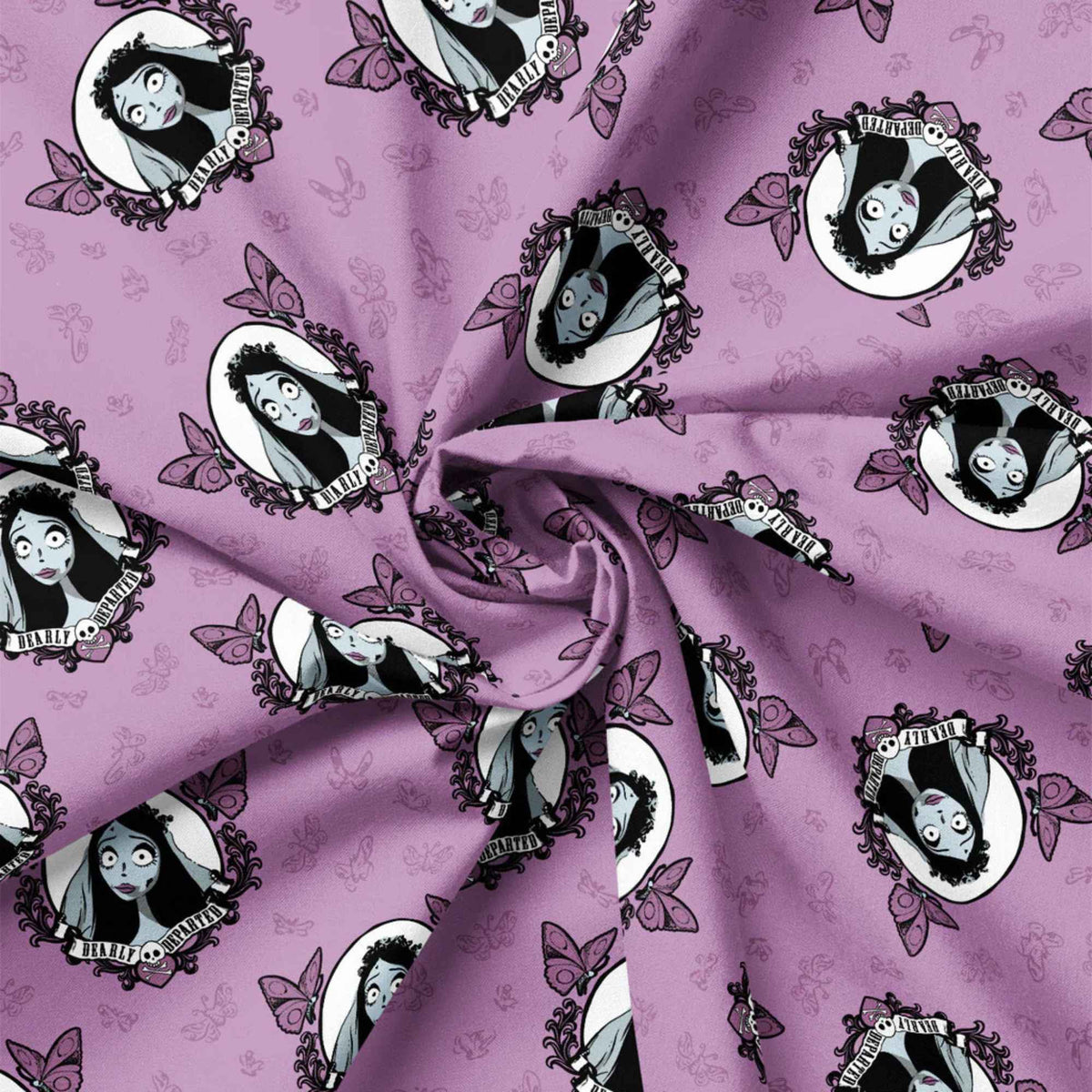 Corpse Bride mauve cotton fabric featuring Emily portraits framed with butterflies and gothic floral motifs in a repeating pattern.