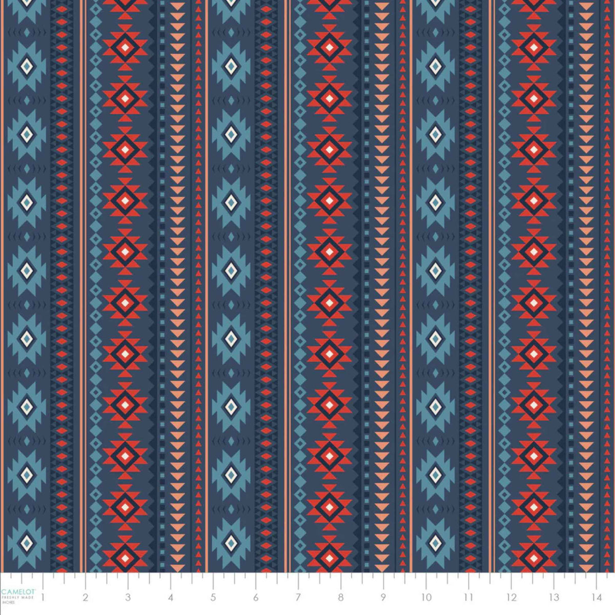 “Southwestern geometric stripe fabric in navy, blue, red, and coral from Spirit Peaks.”