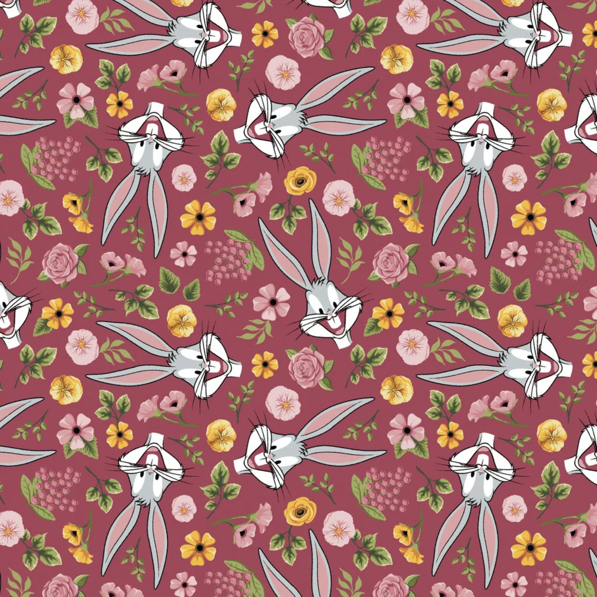 Sunny Side Bugs Raspberry quilting cotton by Camelot Fabrics featuring Bugs Bunny with pink and yellow flowers on a raspberry background