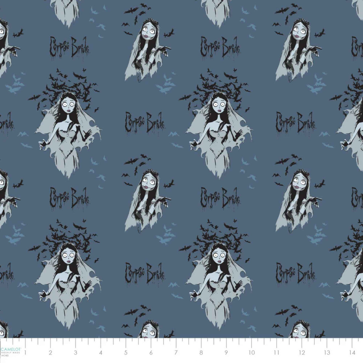 Corpse Bride navy cotton fabric featuring Emily in multiple poses with bats and gothic accents in a repeating pattern.