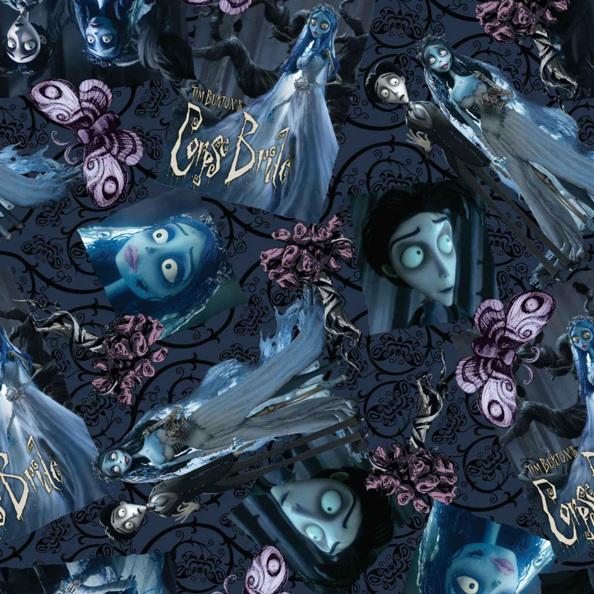 Corpse Bride cotton fabric featuring Emily, Victor, butterflies, roses, and gothic scroll motifs in an allover multi-character print.