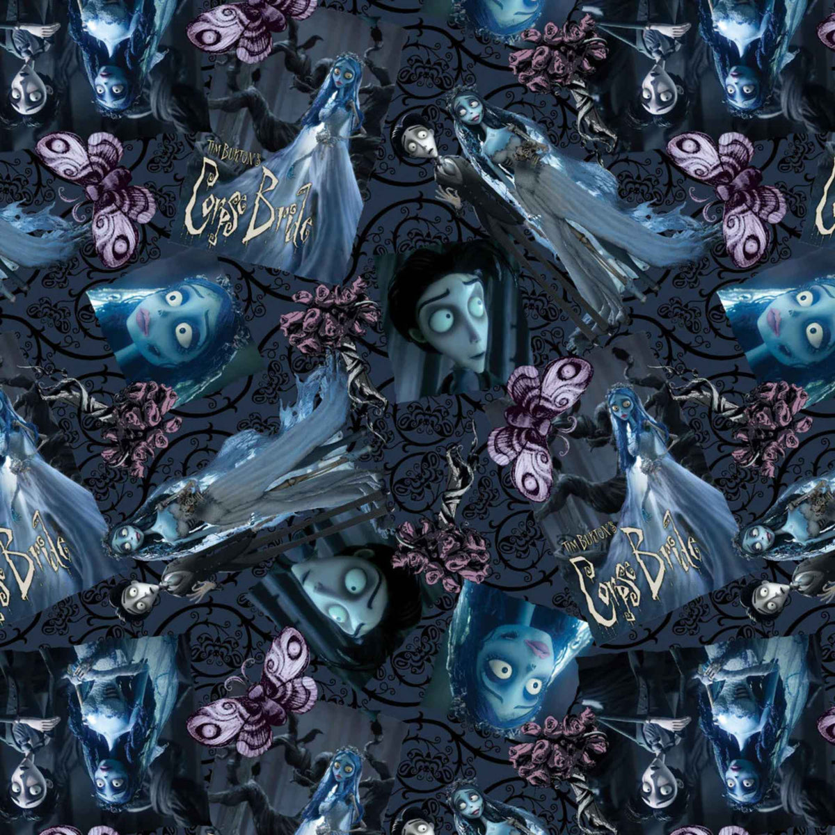 Corpse Bride cotton fabric featuring Emily, Victor, butterflies, roses, and gothic scroll motifs in an allover multi-character print.