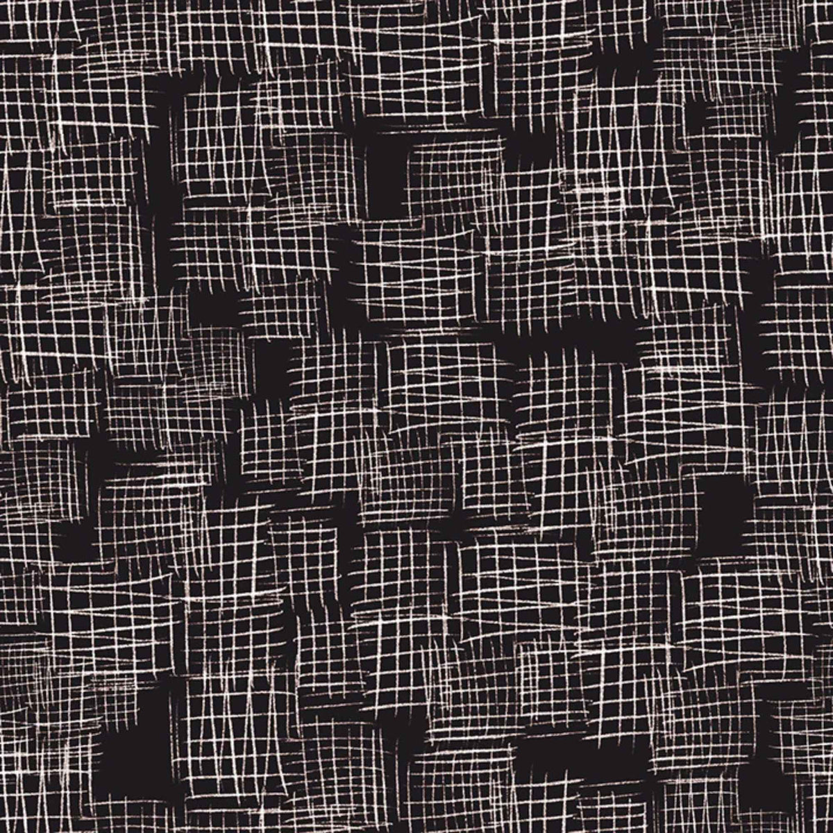 "Etches black cotton fabric with abstract white crosshatch textured design by Camelot Fabrics"