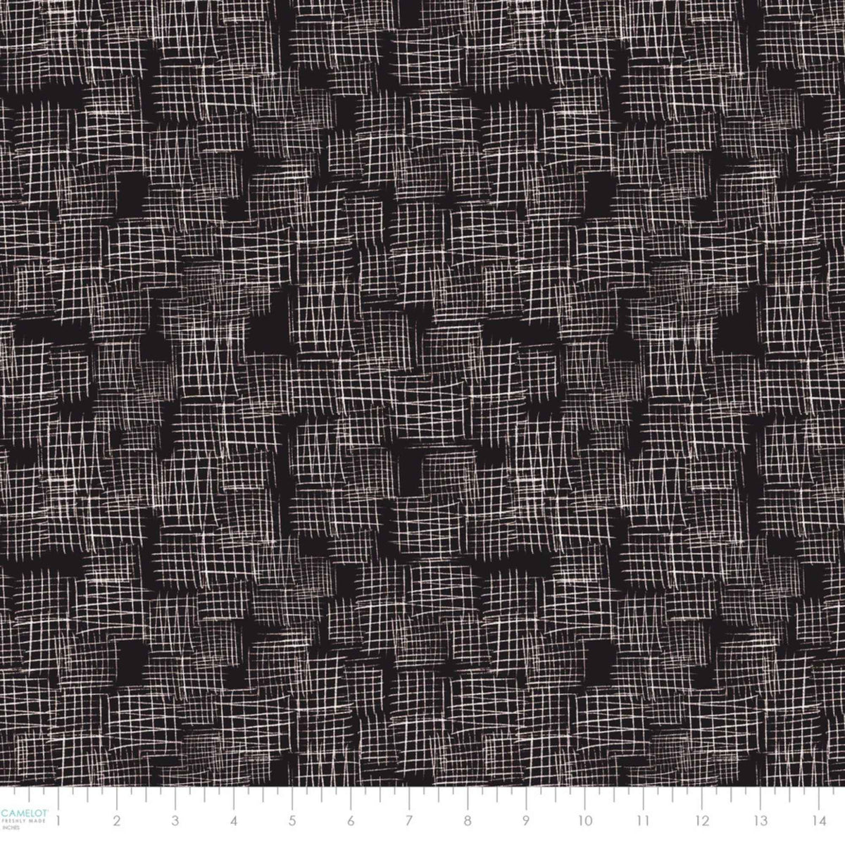 "Etches black cotton fabric with abstract white crosshatch textured design by Camelot Fabrics"