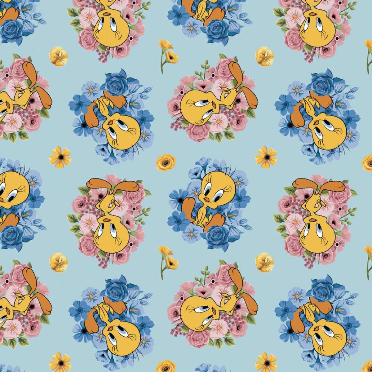 Floral Burst Tweety Blue quilting cotton by Camelot Fabrics featuring Tweety with pink and blue floral bouquets on a soft blue background
