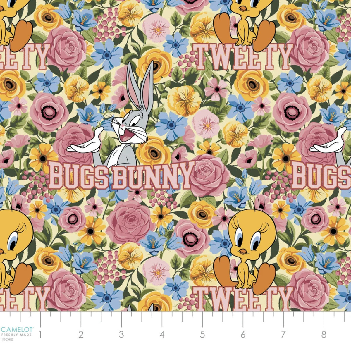Grannycore Looney Tunes Yellow quilting cotton from the Looney Tunes Floral Collection by Camelot Fabrics with colourful vintage-inspired florals
