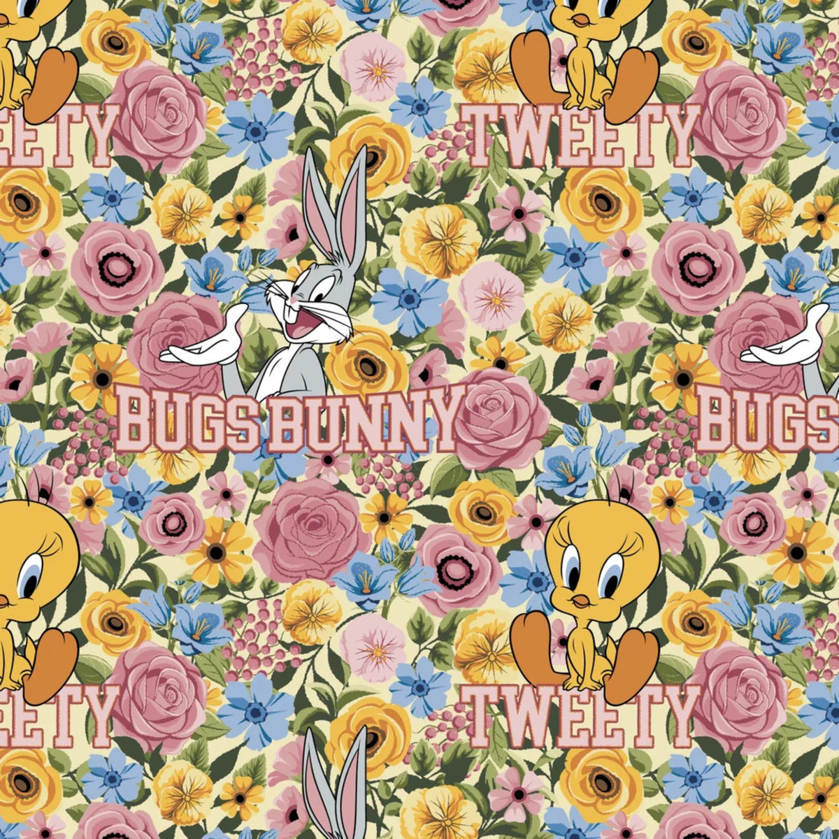 Grannycore Looney Tunes Yellow quilting cotton from the Looney Tunes Floral Collection by Camelot Fabrics with colourful vintage-inspired florals