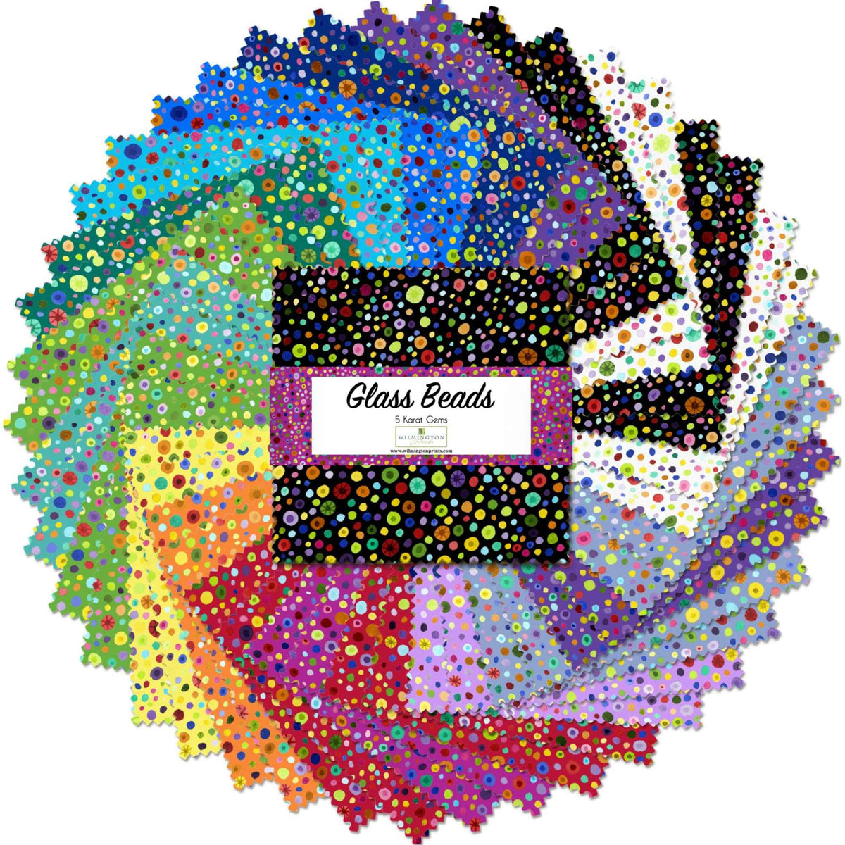 Glass Beads 10 inch cotton fabric squares with multicolored abstract dots and circles