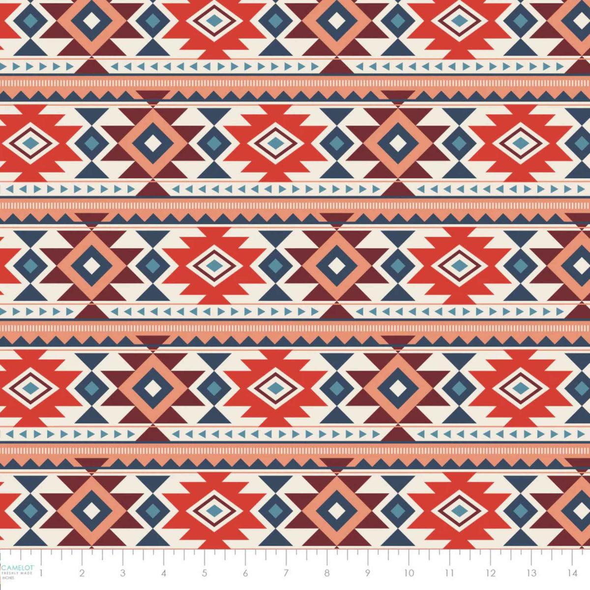 “Multi-colour geometric stripe cotton fabric with tribal-inspired Spirit Peaks design.”