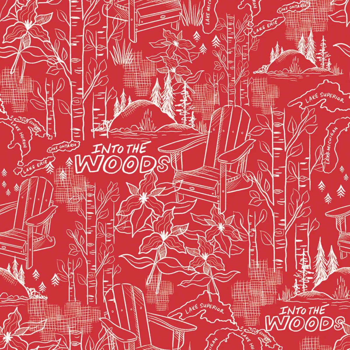 "Into the Woods red cotton fabric with white line-art trees, chairs, florals and Great Lakes map by Camelot Fabrics"