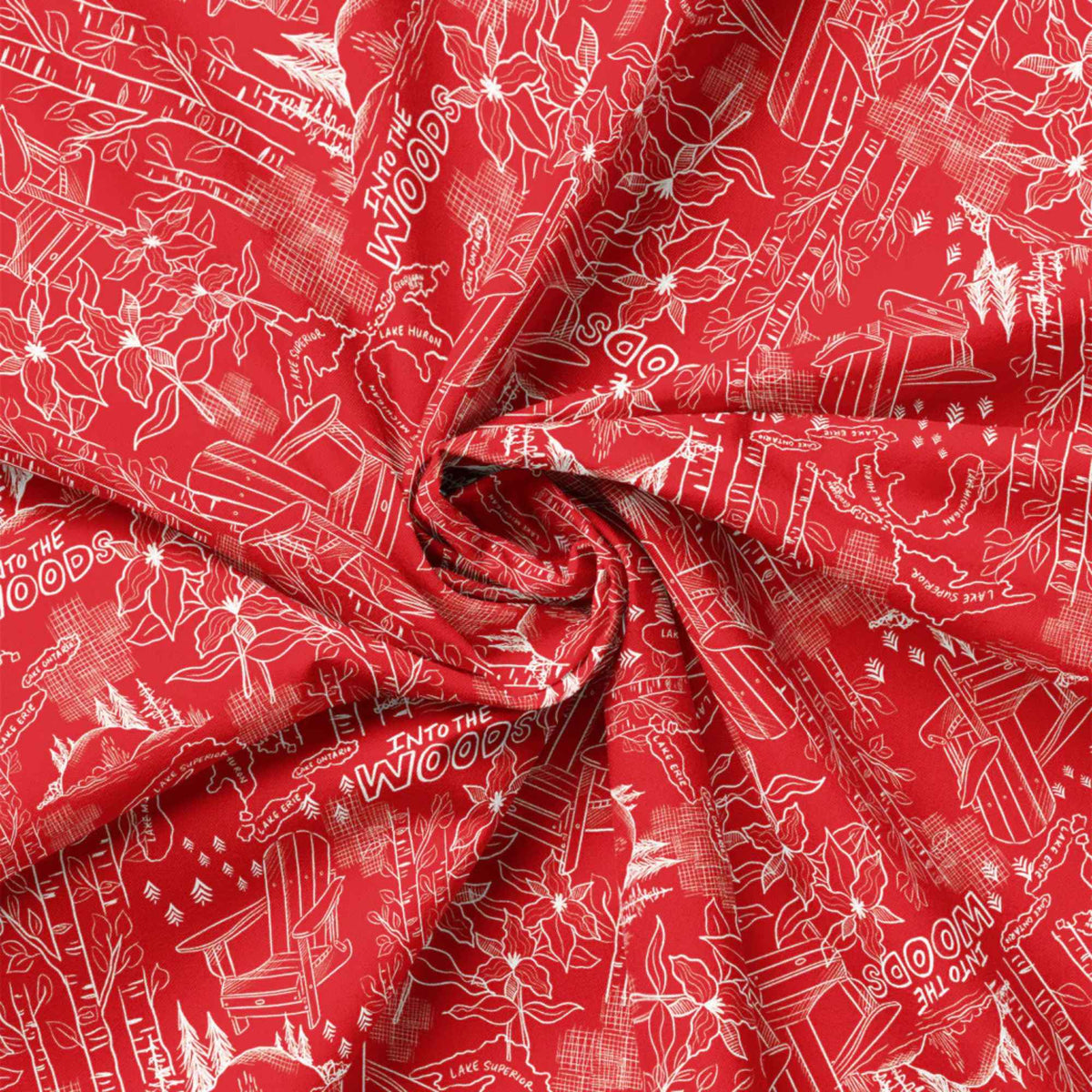 "Into the Woods red cotton fabric with white line-art trees, chairs, florals and Great Lakes map by Camelot Fabrics"