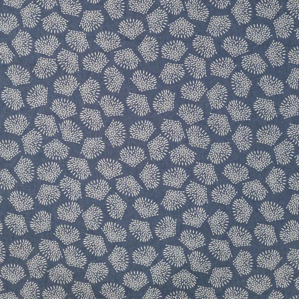 Blue chambray cotton fabric with white leaf print lightweight woven fabric for apparel quilting and sewing projects
