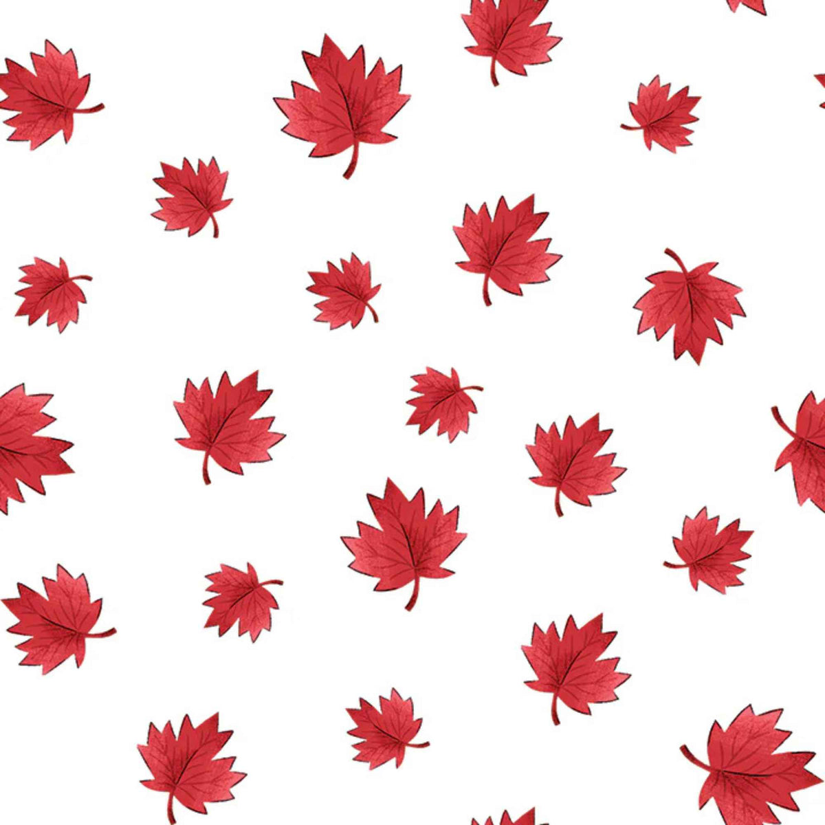 "White cotton fabric with scattered red maple leaves by Camelot Fabrics"