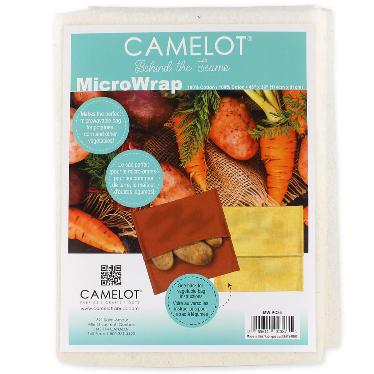 MicroWrap no scrim cotton batting 36 x 45 inch microwave-safe batting by Camelot Fabrics for potato bags and bowl cozies
