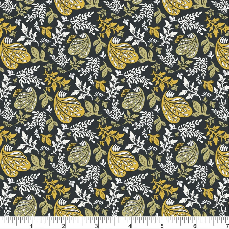 Tossed Botanical cotton fabric with mustard and olive botanical motifs and cream leafy sprigs on a charcoal background.