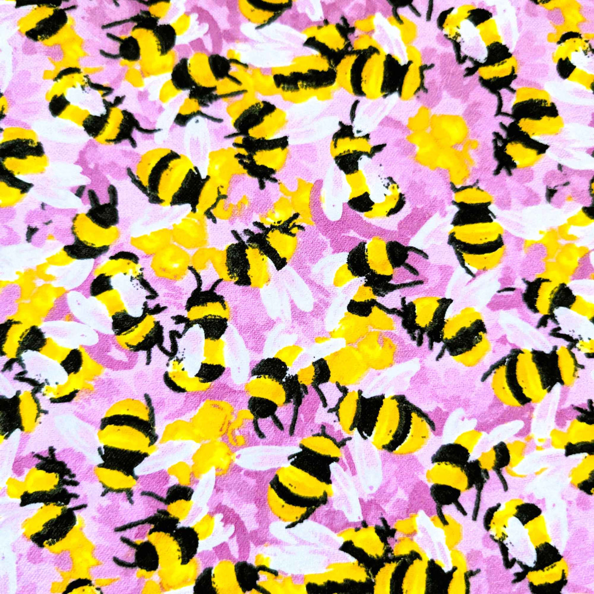Cotton flannel fabric with yellow and black bees on a pink purple background, brushed for softness, Oeko-Tex certified, 44" wide.