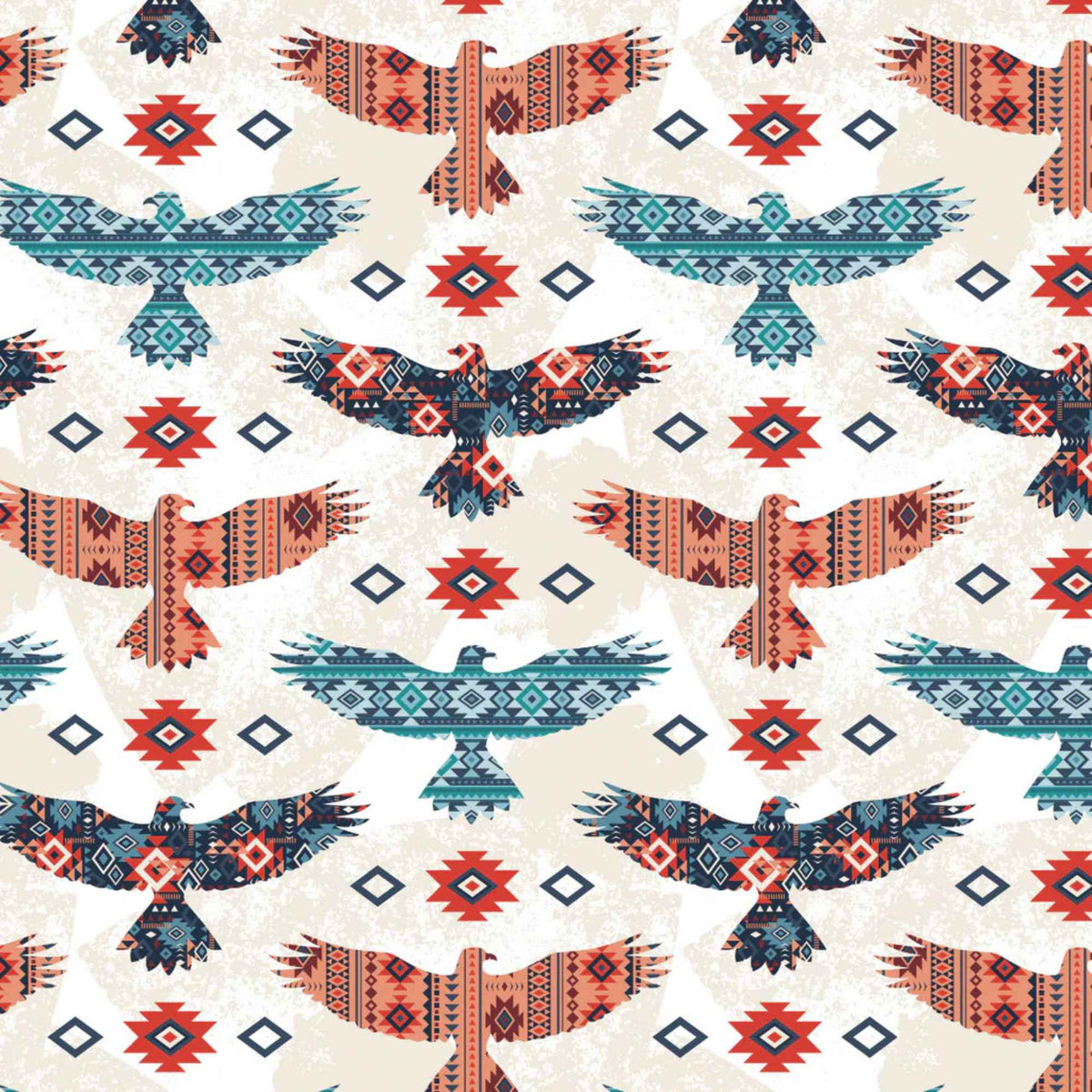 “Cream cotton fabric with multicolored tribal-patterned eagles and geometric motifs.”